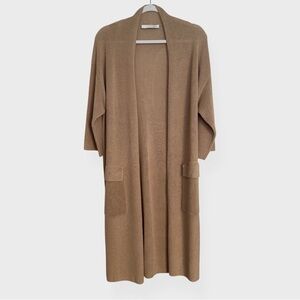 Oui – Longline Open-Front Knit Cardigan – Camel / Oatmeal Neutral